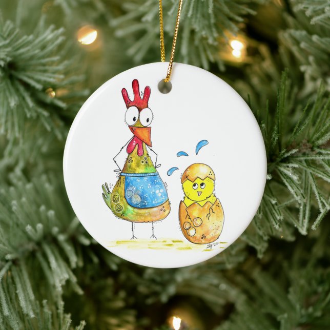 Cute Whimsical Mama Chicken with Baby Ceramic Ornament (Tree)
