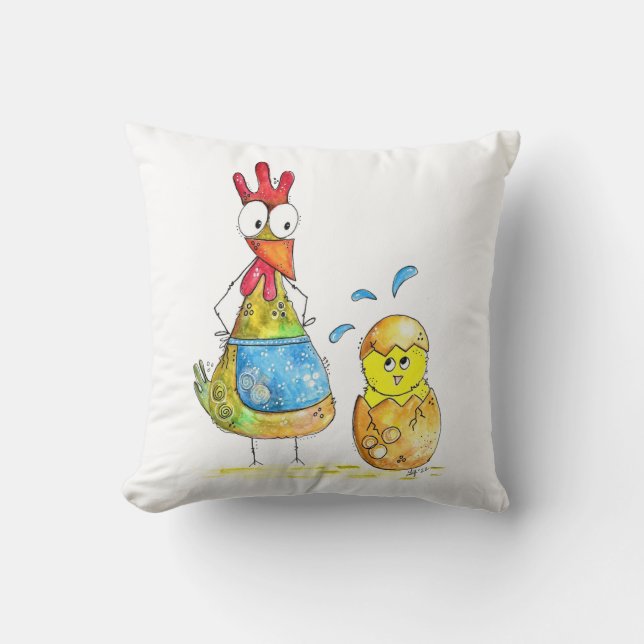 Cute Whimsical Mama Chicken with Baby Cushion (Front)