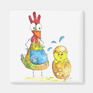 Cute Whimsical Mama Chicken with Baby Magnet