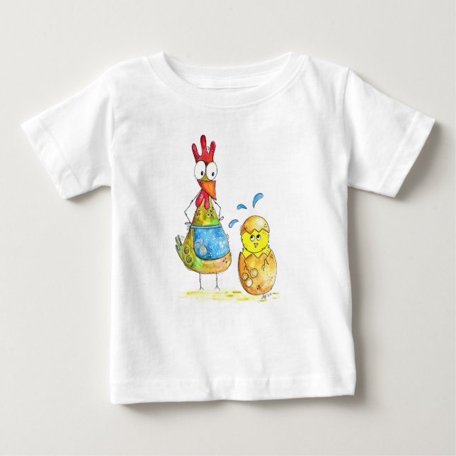 Cute Whimsical Mama Chicken with Baby T-Shirt (Front)