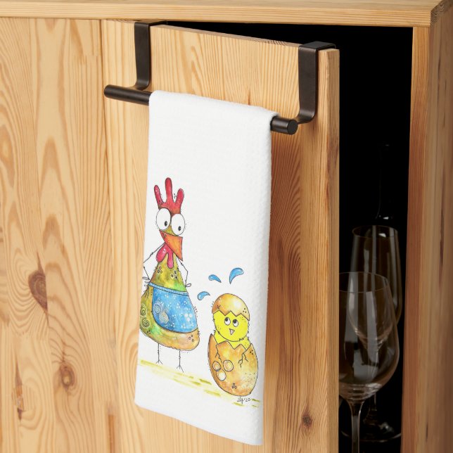 Cute Whimsical Mama Chicken with Baby Tea Towel (Thirds Fold)
