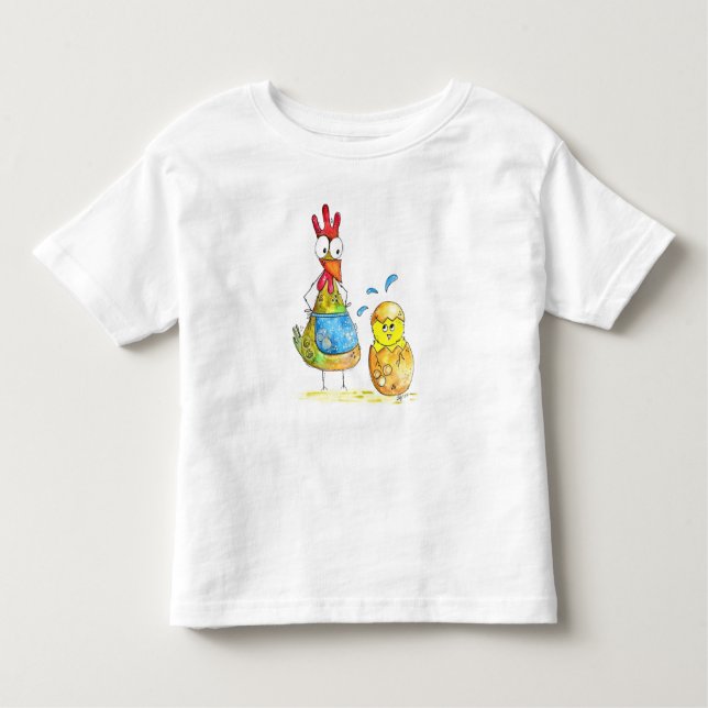 Cute Whimsical Mama Chicken with Baby Toddler T-Shirt (Front)