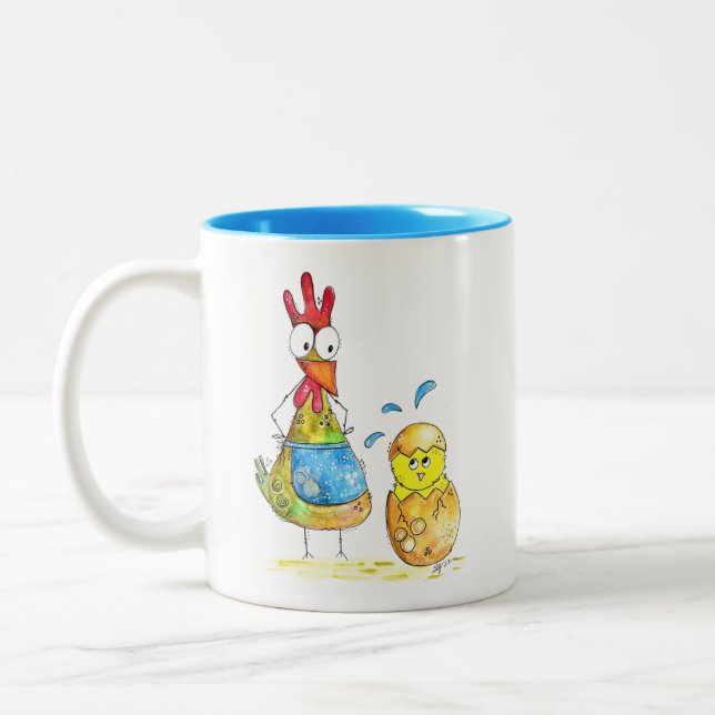 Cute Whimsical Mama Chicken with Baby Two-Tone Coffee Mug (Left)