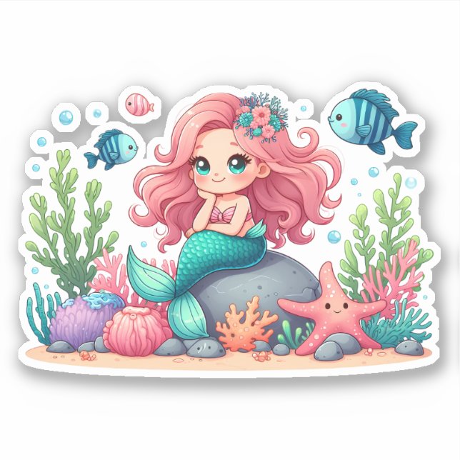 Cute Whimsical Mermaid And Fish Friends Scene (Front)