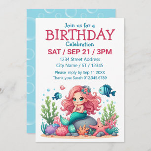 Cute Whimsical Mermaid And Fish Friends Scene Invitation