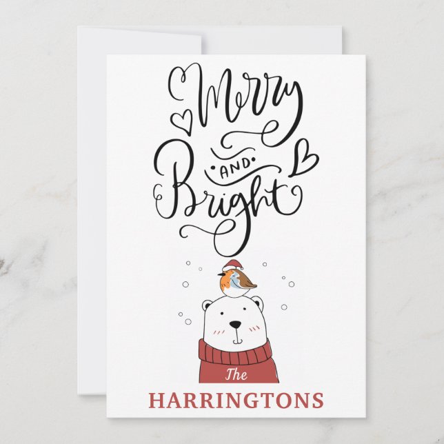 Cute Whimsical Merry and Bright Calligraphy Holiday Card (Front)
