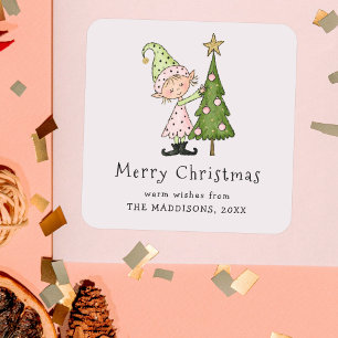 Cute Whimsical Merry Christmas Pink Elf Square Sticker