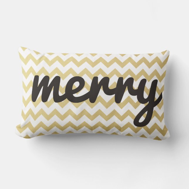 Cute Whimsical Merry Script Gold Chevron Holiday Lumbar Cushion (Front)