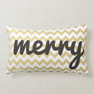 Cute Whimsical Merry Script Gold Chevron Holiday Lumbar Cushion
