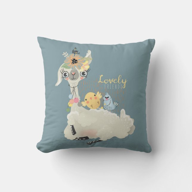 Cute Whimsical Modern Floral Llama Friends Cushion (Front)