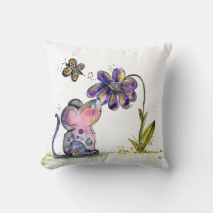 Cute Whimsical Mouse and Flower Cushion