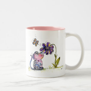 Cute Whimsical Mouse and Flower Two-Tone Coffee Mug