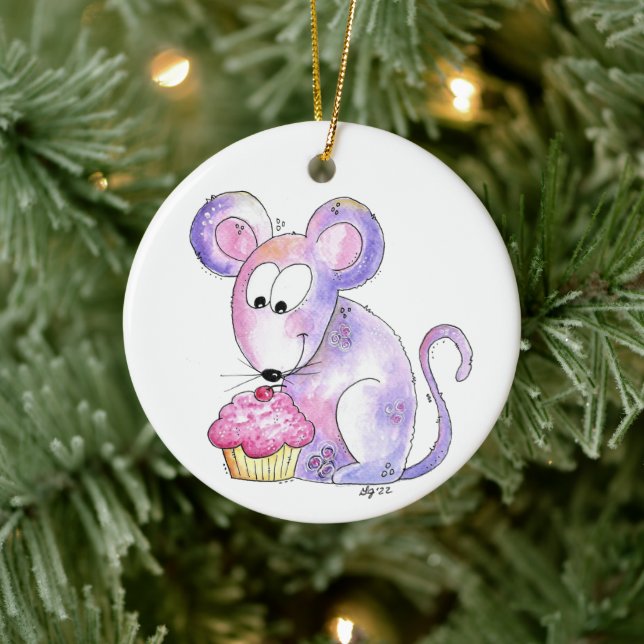 Cute Whimsical Mouse with a Cupcake Ceramic Ornament (Tree)
