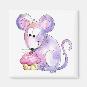 Cute Whimsical Mouse with a Cupcake Magnet