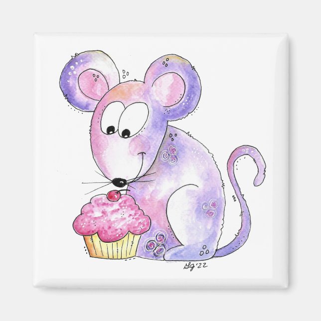 Cute Whimsical Mouse with a Cupcake Magnet (Front)
