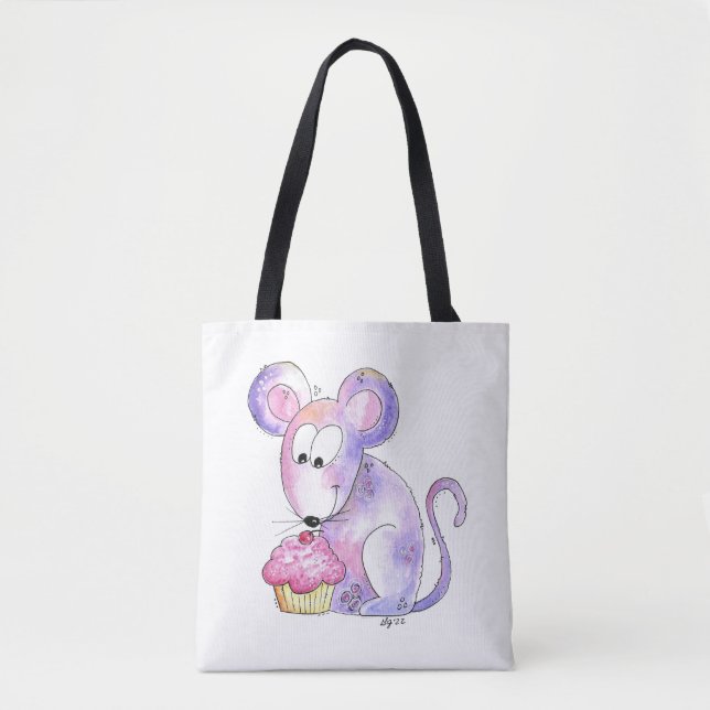Cute Whimsical Mouse with a Cupcake Tote Bag (Front)