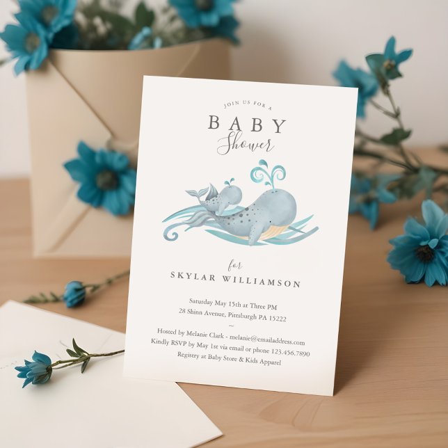 Cute Whimsical Mummy & Baby Whale Baby Shower Invitation (Cute Whimsical Mommy & Baby Whale Baby Shower Invitation)