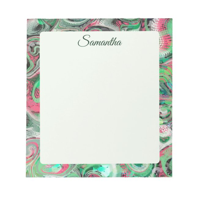 Cute Whimsical Name Swirl Abstract Green Red Notepad (Front)