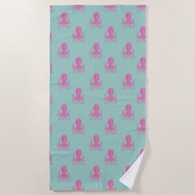 Cute Whimsical Octopus Pattern Aqua Blue and Pink Beach Towel (Front)