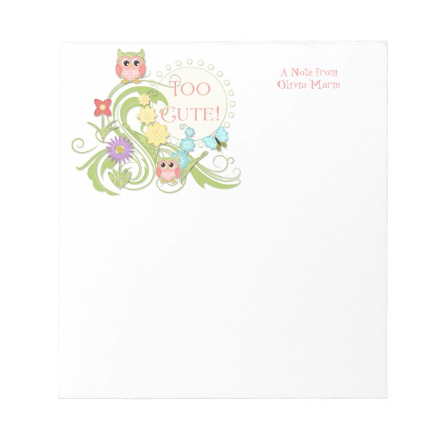 Cute Whimsical Owl n Butterfly Scroll Floral Art Notepad (Front)