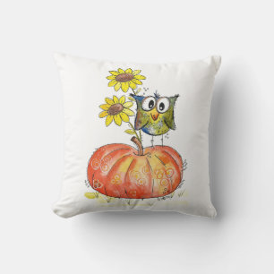 Cute Whimsical Owl on Pumpkin Cushion
