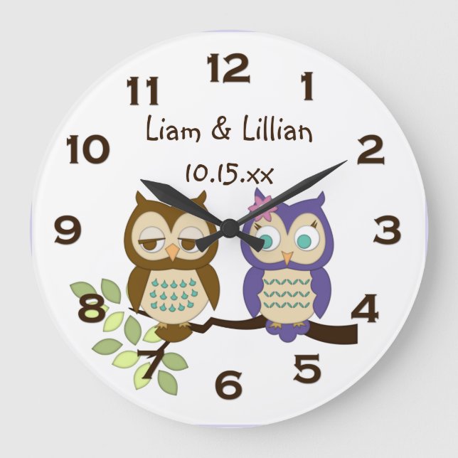 Cute Whimsical Owl Twins Wall Clock (Front)
