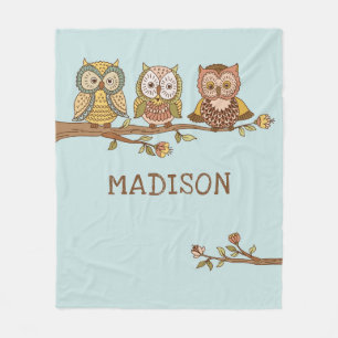 Cute Whimsical Owls Modern Girly Personalised Name Fleece Blanket