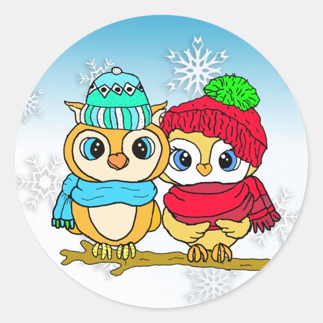 Cute Whimsical Owls on Branch Christmas Classic Round Sticker (Front)