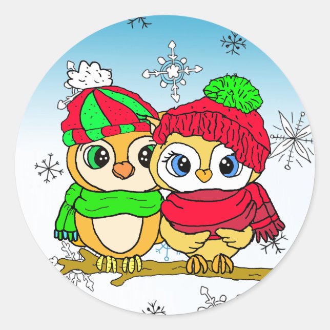 Cute Whimsical Owls on Winter Day Christmas Classic Round Sticker (Front)