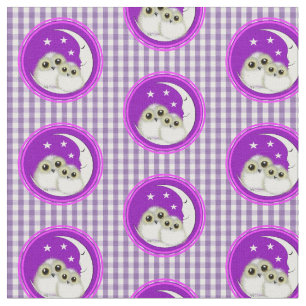 Cute Whimsical Owls Purple White Gingham Plaid Fabric
