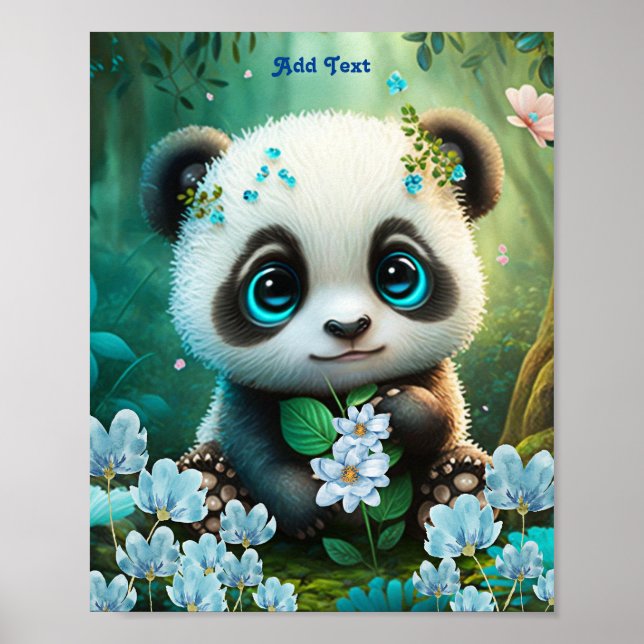 Cute Whimsical Panda Blue Flower Garden Nursery Poster (Front)