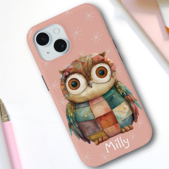 Cute Whimsical Pastel Patchwork Owl Custom Name  Case-Mate iPhone Case (Creator Uploaded)