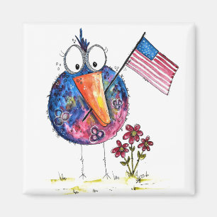 Cute Whimsical Patriotic Bird with Flag Magnet