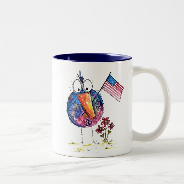 Cute Whimsical Patriotic Bird with Flag Two-Tone Coffee Mug (Right)