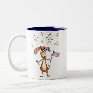 Cute Whimsical Patriotic Dog with Flag Two-Tone Coffee Mug