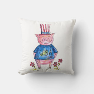 Cute Whimsical Patriotic Pig Cushion