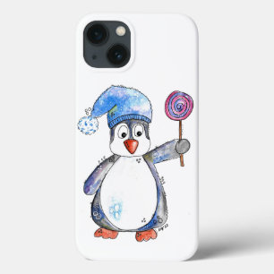 Cute Whimsical Penguin with a Lollipop iPhone 13 Case
