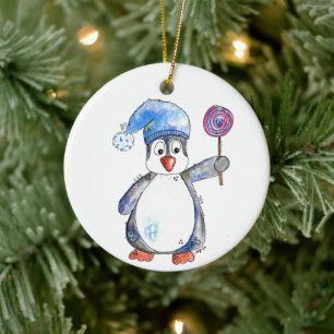 Cute Whimsical Penguin with a Lollipop Ceramic Ornament
