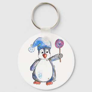 Cute Whimsical Penguin with a Lollipop Key Ring
