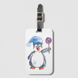 Cute Whimsical Penguin with a Lollipop Luggage Tag