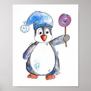 Cute Whimsical Penguin with a Lollipop Poster