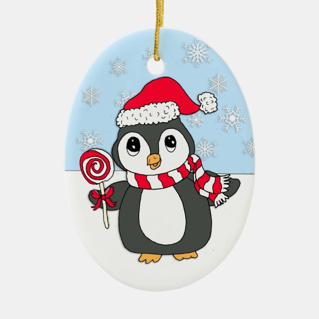Cute Whimsical Penguin with Lollipop Personalised Ceramic Ornament (Front)