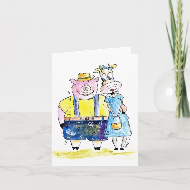 Cute Whimsical Pig and Cow Card (Front)