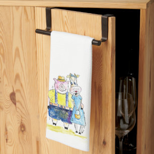 Cute Whimsical Pig and Cow Tea Towel