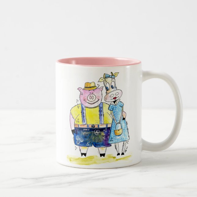 Cute Whimsical Pig and Cow Two-Tone Coffee Mug (Right)