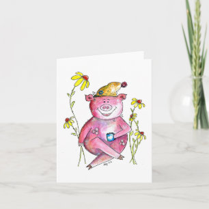 Cute Whimsical Pig Drinking Coffee Card