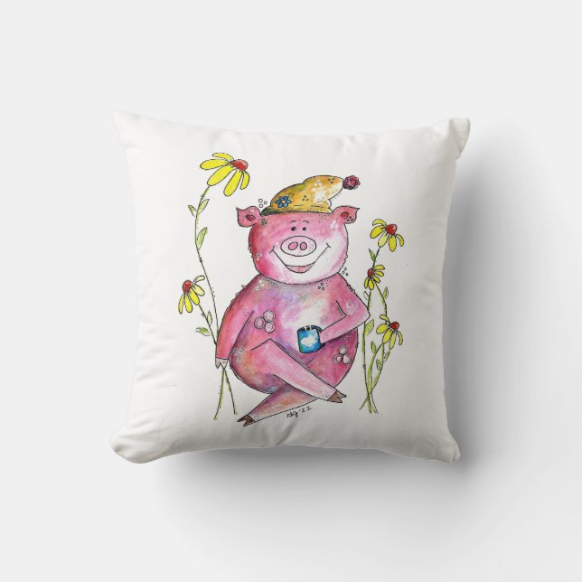 Cute Whimsical Pig Drinking Coffee Cushion (Front)