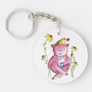 Cute Whimsical Pig Drinking Coffee Key Ring