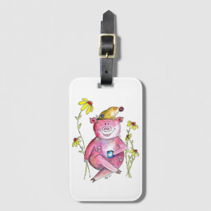 Cute Whimsical Pig Drinking Coffee Luggage Tag