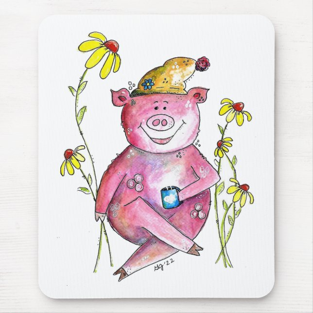 Cute Whimsical Pig Drinking Coffee Mouse Pad (Front)